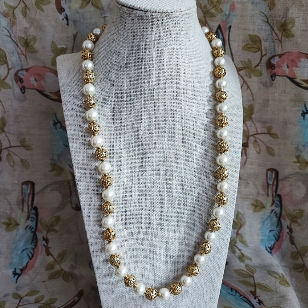 NAPIER Faux Pearl Vintage Gold Tone Filigree Beads Balls Single Strand Necklace